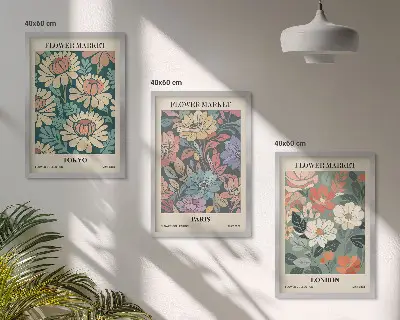 Wanddecoratieset met schilderijen bloemmotieven met steden als Tokio, Parijs en Londen