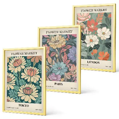 Wanddecoratieset met schilderijen bloemmotieven met steden als Tokio, Parijs en Londen
