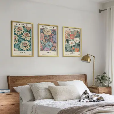 Wanddecoratieset met schilderijen bloemmotieven met steden als Tokio, Parijs en Londen
