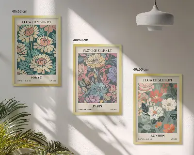 Wanddecoratieset met schilderijen bloemmotieven met steden als Tokio, Parijs en Londen