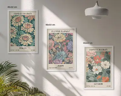 Wanddecoratieset met schilderijen bloemmotieven met steden als Tokio, Parijs en Londen