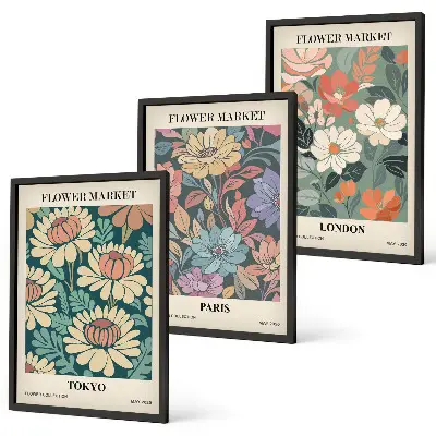 Wanddecoratieset met schilderijen bloemmotieven met steden als Tokio, Parijs en Londen