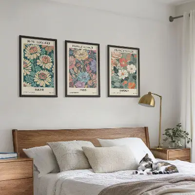 Wanddecoratieset met schilderijen bloemmotieven met steden als Tokio, Parijs en Londen