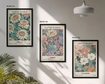 Wanddecoratieset met schilderijen bloemmotieven met steden als Tokio, Parijs en Londen