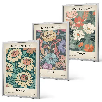 Wanddecoratieset met schilderijen bloemmotieven met steden als Tokio, Parijs en Londen
