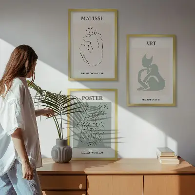 Set schilderijen voor wanddecoratie beige met groene Matisse stijl