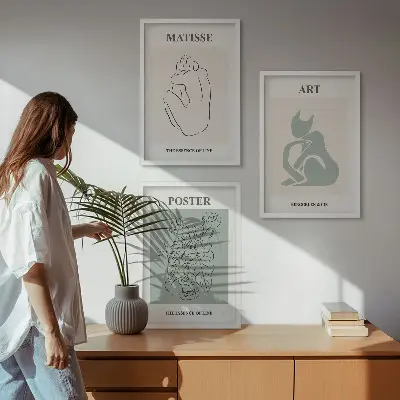 Set schilderijen voor wanddecoratie beige met groene Matisse stijl