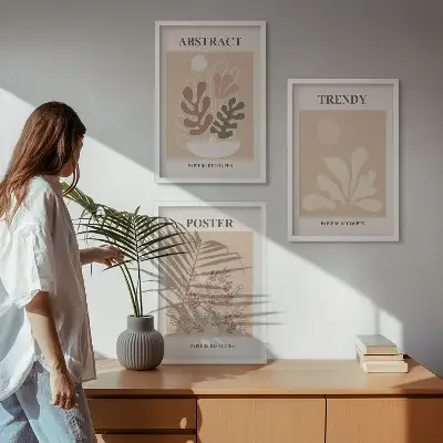 Wanddecoratieset schilderijen met natuurlijke motieven in beige en bruin