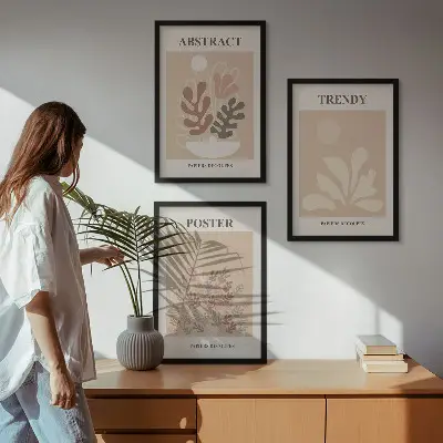 Wanddecoratieset schilderijen met natuurlijke motieven in beige en bruin