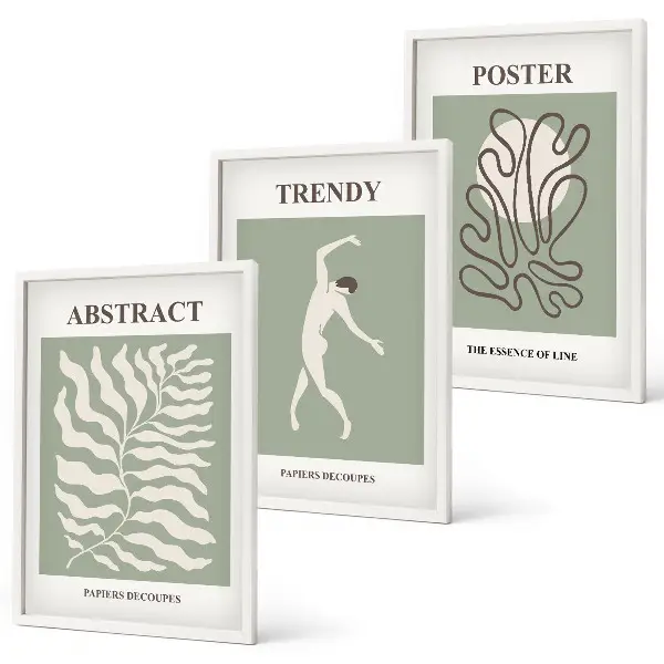 Wanddecoratieset met schilderijen met botanische Matisse-stijl patronen in groentinten