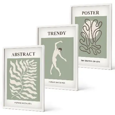 Wanddecoratieset met schilderijen met botanische Matisse-stijl patronen in groentinten