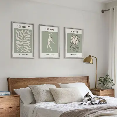 Wanddecoratieset met schilderijen met botanische Matisse-stijl patronen in groentinten
