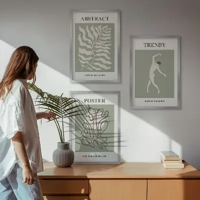 Wanddecoratieset met schilderijen met botanische Matisse-stijl patronen in groentinten