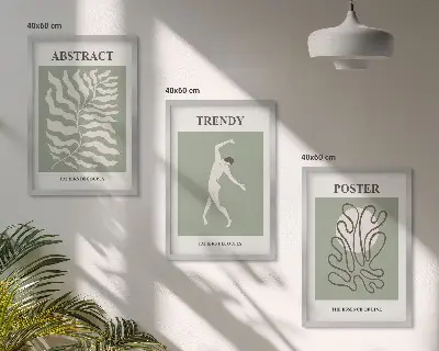 Wanddecoratieset met schilderijen met botanische Matisse-stijl patronen in groentinten