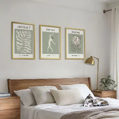 Wanddecoratieset met schilderijen met botanische Matisse-stijl patronen in groentinten