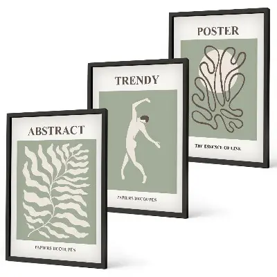 Wanddecoratieset met schilderijen met botanische Matisse-stijl patronen in groentinten