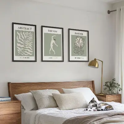 Wanddecoratieset met schilderijen met botanische Matisse-stijl patronen in groentinten