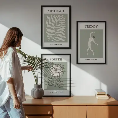 Wanddecoratieset met schilderijen met botanische Matisse-stijl patronen in groentinten