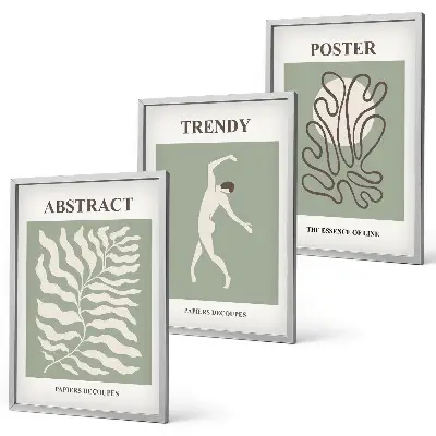 Wanddecoratieset met schilderijen met botanische Matisse-stijl patronen in groentinten