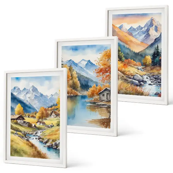 Fotobehang herfstlandschap met bergen, rivier en huisjes
