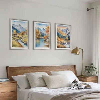 Fotobehang herfstlandschap met bergen, rivier en huisjes