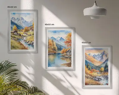 Fotobehang herfstlandschap met bergen, rivier en huisjes