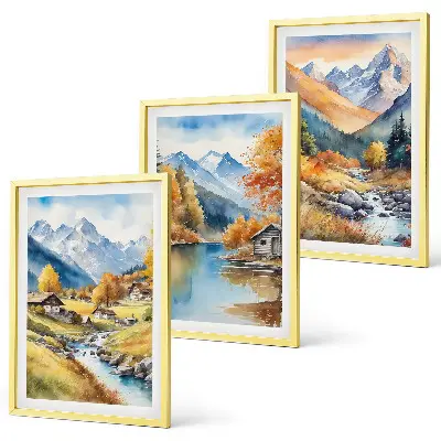 Fotobehang herfstlandschap met bergen, rivier en huisjes