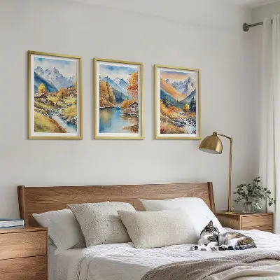 Fotobehang herfstlandschap met bergen, rivier en huisjes