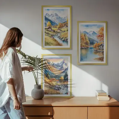 Fotobehang herfstlandschap met bergen, rivier en huisjes