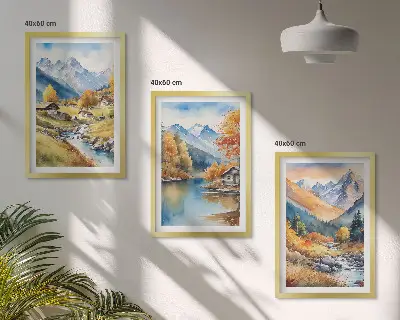 Fotobehang herfstlandschap met bergen, rivier en huisjes