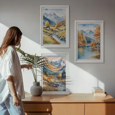 Fotobehang herfstlandschap met bergen, rivier en huisjes