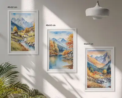 Fotobehang herfstlandschap met bergen, rivier en huisjes