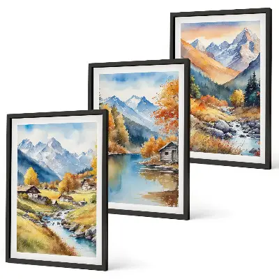Fotobehang herfstlandschap met bergen, rivier en huisjes