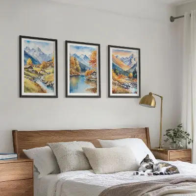 Fotobehang herfstlandschap met bergen, rivier en huisjes