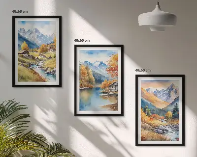 Fotobehang herfstlandschap met bergen, rivier en huisjes