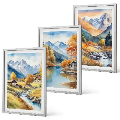 Fotobehang herfstlandschap met bergen, rivier en huisjes