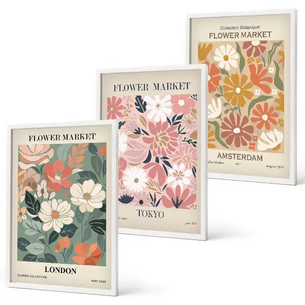 Wanddecoratie set schilderijen met bloemmotieven uit Londen, Tokio en Amsterdam