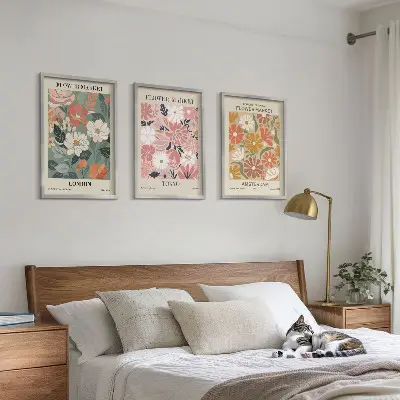 Wanddecoratie set schilderijen met bloemmotieven uit Londen, Tokio en Amsterdam