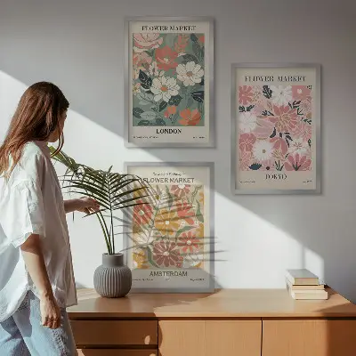 Wanddecoratie set schilderijen met bloemmotieven uit Londen, Tokio en Amsterdam