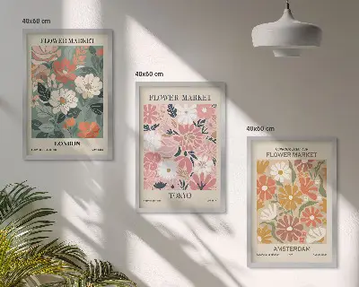 Wanddecoratie set schilderijen met bloemmotieven uit Londen, Tokio en Amsterdam