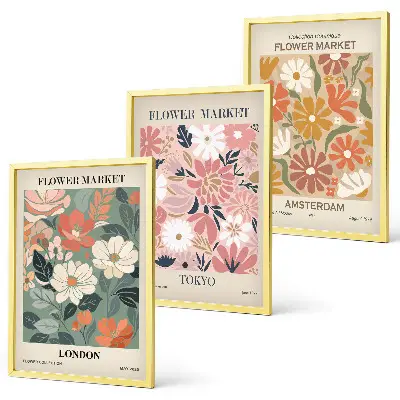 Wanddecoratie set schilderijen met bloemmotieven uit Londen, Tokio en Amsterdam