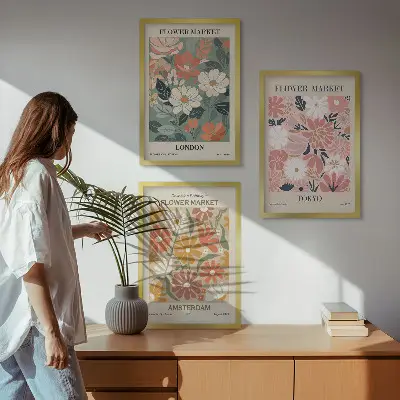 Wanddecoratie set schilderijen met bloemmotieven uit Londen, Tokio en Amsterdam