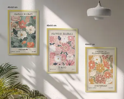 Wanddecoratie set schilderijen met bloemmotieven uit Londen, Tokio en Amsterdam