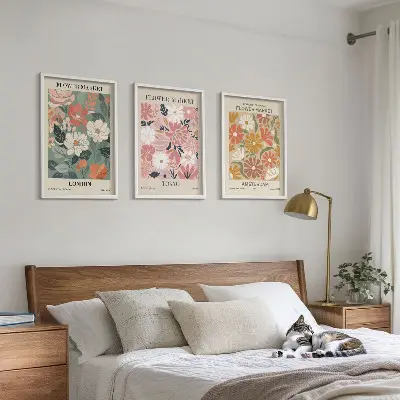Wanddecoratie set schilderijen met bloemmotieven uit Londen, Tokio en Amsterdam