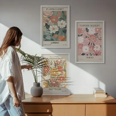 Wanddecoratie set schilderijen met bloemmotieven uit Londen, Tokio en Amsterdam