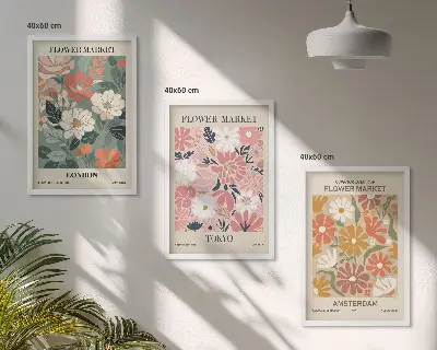 Wanddecoratie set schilderijen met bloemmotieven uit Londen, Tokio en Amsterdam