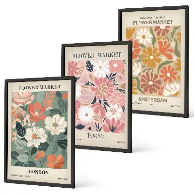 Wanddecoratie set schilderijen met bloemmotieven uit Londen, Tokio en Amsterdam
