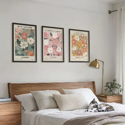 Wanddecoratie set schilderijen met bloemmotieven uit Londen, Tokio en Amsterdam