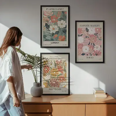 Wanddecoratie set schilderijen met bloemmotieven uit Londen, Tokio en Amsterdam