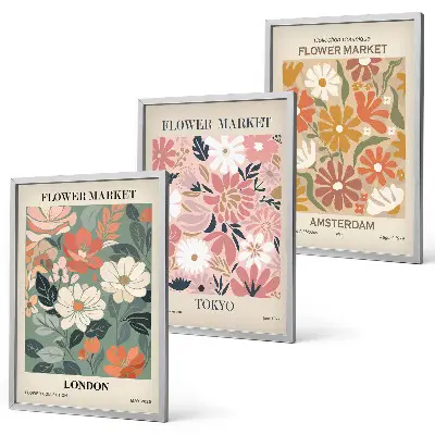 Wanddecoratie set schilderijen met bloemmotieven uit Londen, Tokio en Amsterdam